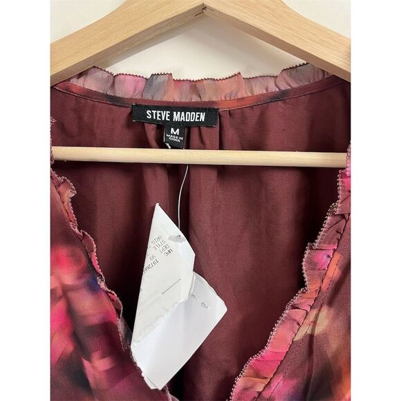 Steve Madden Women's Floral Chiffon Cropped Blouse V-Neck Long Sleeve M - Picture 3 of 6